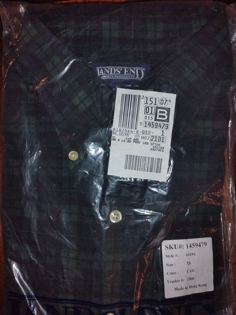 Lands' End Men's Dark Green and Navy Plaid Button-Down Shirt